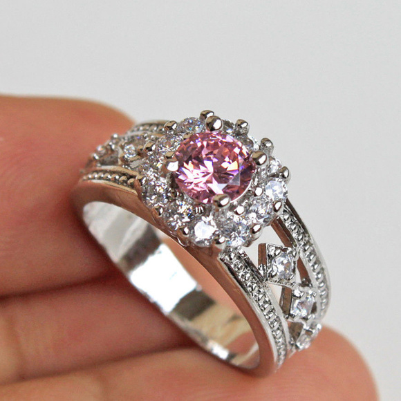 White Gold Pink Topaz Flower Rhombus Ring Size 10 - Picture 3 of 3